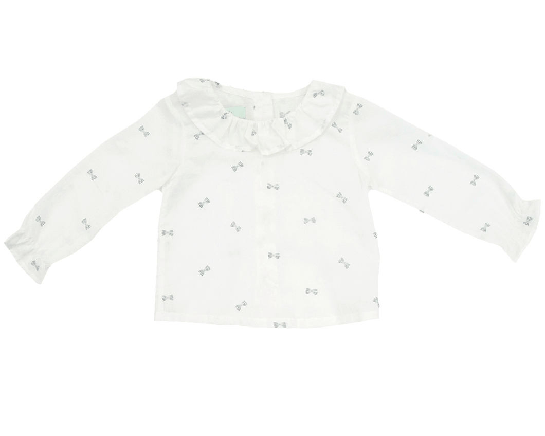 Bow Print Collared Blouse, Plumeti Rain - BubbleChops LLC