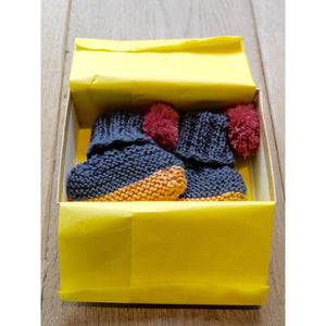 Hand Knit Pom Pom Booties (Exclusive Dark Blue & Peach), Petite Albion - BubbleChops LLC